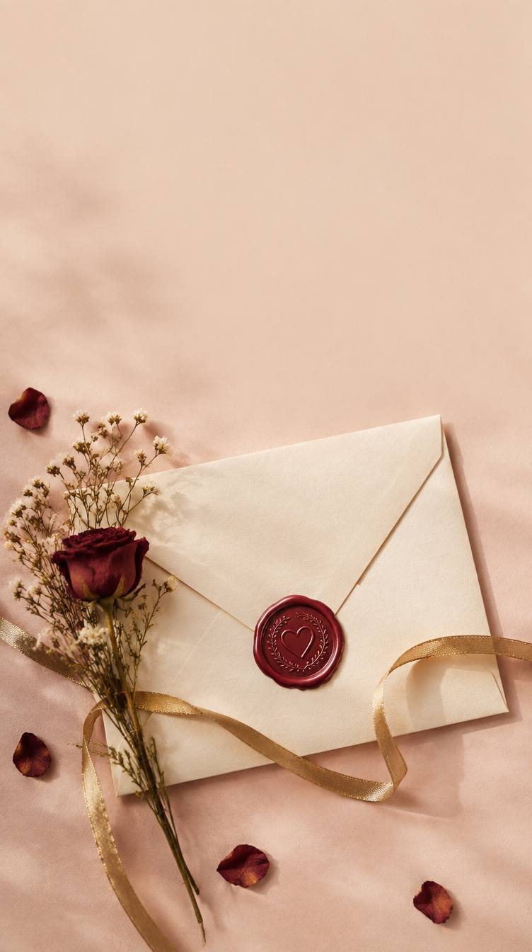 Enveloppe crème avec cachet de cire cœur, rose rouge et ruban doré, sur fond rose poudré