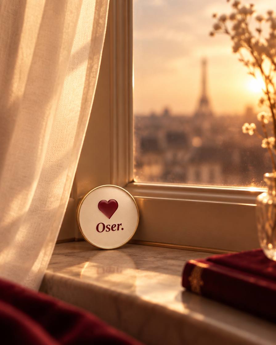 Badge Oser posé sur un rebord de fenêtre à Paris au coucher du soleil